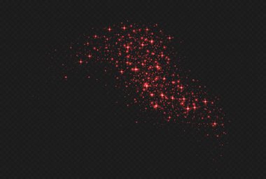 Kırmızı parıldayan yıldızlar, parlak parçacıklar ışık efekti, şeffaf uçan yıldız tozu dokusu, soyut ışıldayan Noel süslemesi. Vektör illüstrasyonu.