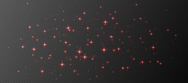 Kırmızı parıldayan yıldızlar, parlak parçacıklar ışık efekti, şeffaf uçan yıldız tozu dokusu, soyut ışıldayan Noel süslemesi. Vektör illüstrasyonu.