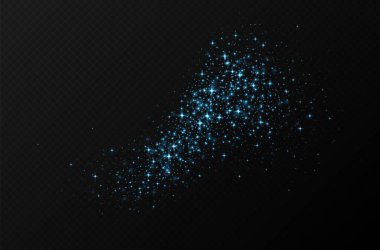 Mavi parıldayan yıldızlar, parlak parçacıklar ışık efekti, şeffaf uçan yıldız tozu dokusu, soyut ışıldayan Noel süslemesi. Vektör illüstrasyonu.