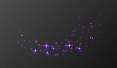 Mor parlak yıldızlar, parlak parçacıklar ışık efekti, şeffaf uçan yıldız tozu dokusu, soyut parıldayan Noel süslemesi. Vektör illüstrasyonu.