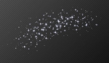 Beyaz parıldayan yıldızlar, parlak parçacıklar ışık efekti, şeffaf uçan yıldız tozu dokusu, soyut ışıldayan Noel süslemesi. Vektör illüstrasyonu.