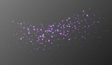 Mor parlak yıldızlar, parlak parçacıklar ışık efekti, şeffaf uçan yıldız tozu dokusu, soyut parıldayan Noel süslemesi. Vektör illüstrasyonu.