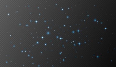 Mavi parıldayan yıldızlar, parlak parçacıklar ışık efekti, şeffaf uçan yıldız tozu dokusu, soyut ışıldayan Noel süslemesi. Vektör illüstrasyonu.