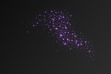 Mor parlak yıldızlar, parlak parçacıklar ışık efekti, şeffaf uçan yıldız tozu dokusu, soyut parıldayan Noel süslemesi. Vektör illüstrasyonu.