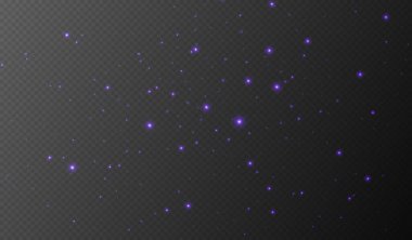 Mor parlak yıldızlar, parlak parçacıklar ışık efekti, şeffaf uçan yıldız tozu dokusu, soyut parıldayan Noel süslemesi. Vektör illüstrasyonu.