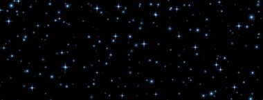 Mavi yıldızların arka planı, parlak parıltılar, parlak ışıklar, yıldızlı gece konsepti. Vektör illüstrasyonu.