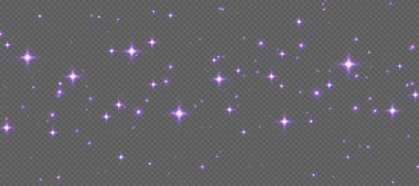 Mor parlak yıldızlar, parlak parçacıklar ışık efekti, şeffaf uçan yıldız tozu dokusu, soyut parıldayan Noel süslemesi. Vektör illüstrasyonu.