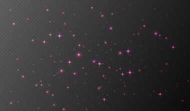 Pembe parıldayan yıldızlar, parlak parçacıklar ışık efekti, şeffaf uçan yıldız tozu dokusu, soyut ışıldayan Noel süslemesi. Vektör illüstrasyonu.