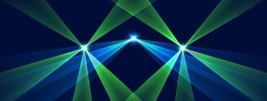 Lazer ışınları, parlak neon hatları, parlak fütüristik arka plan. Hareket ya da ışık hızı etkisi. Konser ya da gece kulübü ışıkları. Vektör illüstrasyonu.