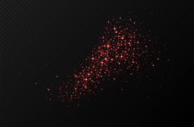 Kırmızı parıldayan yıldızlar, parlak parçacıklar ışık efekti, şeffaf uçan yıldız tozu dokusu, soyut ışıldayan Noel süslemesi. Vektör illüstrasyonu.