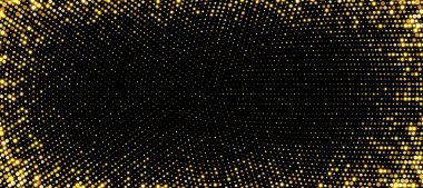 Altın rengi arka plan, soyut ışıltılı noktalar arka plan, disko dokusu tasarımı, parlak konfeti afişi. Vektör illüstrasyonu.