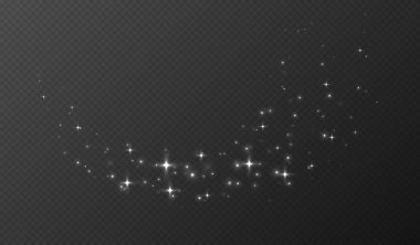 Beyaz parıldayan yıldızlar, parlak parçacıklar ışık efekti, şeffaf uçan yıldız tozu dokusu, soyut ışıldayan Noel süslemesi. Vektör illüstrasyonu.