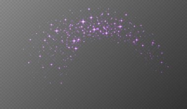 Mor parlak yıldızlar, parlak parçacıklar ışık efekti, şeffaf uçan yıldız tozu dokusu, soyut parıldayan Noel süslemesi. Vektör illüstrasyonu.