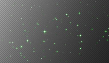 Yeşil parıldayan yıldızlar, parlak parçacıklar ışık efekti, şeffaf uçan yıldız tozu dokusu, soyut ışıldayan Noel süslemesi. Vektör illüstrasyonu.