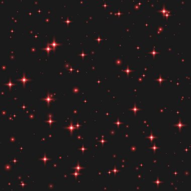 Kusursuz kırmızı parıldayan yıldız deseni, parlak parçacıklar ışık efekti, şeffaf uçan yıldız tozu arka planı, soyut ışıltı dekorasyonu. Vektör illüstrasyonu.