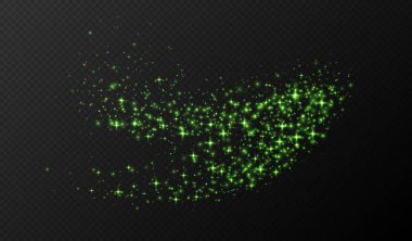 Yeşil parıldayan yıldızlar, parlak parçacıklar ışık efekti, şeffaf uçan yıldız tozu dokusu, soyut ışıldayan Noel süslemesi. Vektör illüstrasyonu.