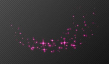 Pembe parıldayan yıldızlar, parlak parçacıklar ışık efekti, şeffaf uçan yıldız tozu dokusu, soyut ışıldayan Noel süslemesi. Vektör illüstrasyonu.
