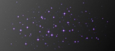 Mor parlak yıldızlar, parlak parçacıklar ışık efekti, şeffaf uçan yıldız tozu dokusu, soyut parıldayan Noel süslemesi. Vektör illüstrasyonu.