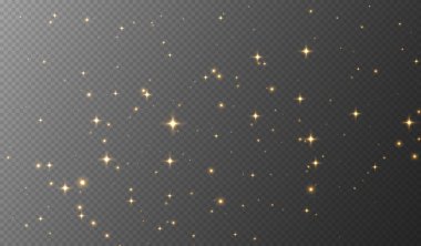 Altın parıldayan yıldızlar, parlak parçacıklar ışık efekti, şeffaf uçan yıldız tozu dokusu, soyut ışıldayan Noel süslemesi. Vektör illüstrasyonu.