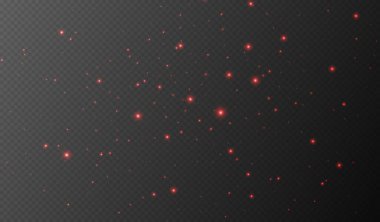 Kırmızı parıldayan yıldızlar, parlak parçacıklar ışık efekti, şeffaf uçan yıldız tozu dokusu, soyut ışıldayan Noel süslemesi. Vektör illüstrasyonu.