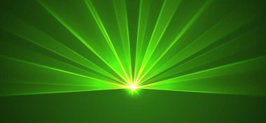 Yeşil lazer arka planı, parlayan ışınlar ya da neon ışınlar, parlak fütüristik fon. Konser ya da gece kulübü ışıkları. Vektör illüstrasyonu.