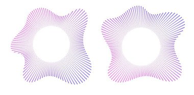 Çizgileri ve noktaları olan ses eşitleyici ikonlar, gradyan neon dairesel ses dalgası çerçeveleri, soyut radyal müzik simgeleri. Ses vuruşu sembolü konsepti beyaza izole edildi. Vektör illüstrasyonu.
