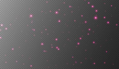 Pembe parıldayan yıldızlar, parlak parçacıklar ışık efekti, şeffaf uçan yıldız tozu dokusu, soyut ışıldayan Noel süslemesi. Vektör illüstrasyonu.
