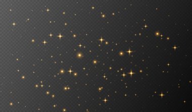 Altın parıldayan yıldızlar, parlak parçacıklar ışık efekti, şeffaf uçan yıldız tozu dokusu, soyut ışıldayan Noel süslemesi. Vektör illüstrasyonu.