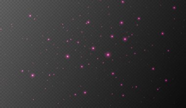 Pembe parıldayan yıldızlar, parlak parçacıklar ışık efekti, şeffaf uçan yıldız tozu dokusu, soyut ışıldayan Noel süslemesi. Vektör illüstrasyonu.
