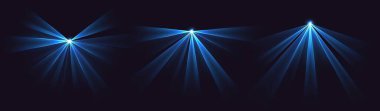 Parti lazerleri, mavi disko ışıkları, sahne ışıkları. Parlak şov lazerleri. Dans partisi için sihirli ışınlar. Vektör illüstrasyonu.
