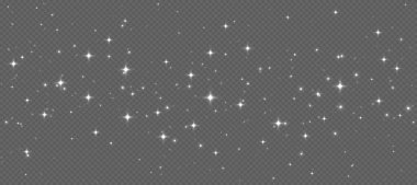 Beyaz parıldayan yıldızlar, parlak parçacıklar ışık efekti, şeffaf uçan yıldız tozu dokusu, soyut ışıldayan Noel süslemesi. Vektör illüstrasyonu.