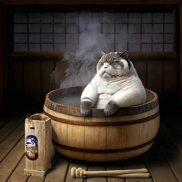 Fat lazy japanese cat takes hot bath in Japanese Wooden bath tub. Spa for cats. Wellness for pets. Relax and chill. Holiday resort or sanatorium for cats
