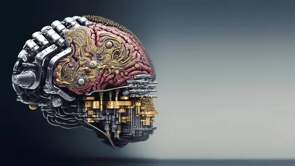 Human brain with neuralink augmentation. Neural networks and artificial intelligence. Creating a computer mind. 3D illustration of the application of innovation in science.