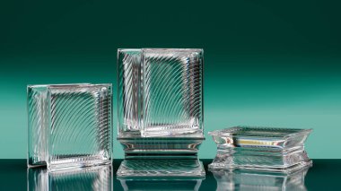 Turkuaz arka planda şeffaf cam bloklar var. Soyut şablonlar ve ışık bozulmaları yakalıyorum. Ev, banyo ve ofis için çeşitli binalar..