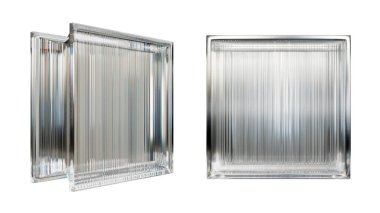  İç tasarım için şeffaf cam blok. Estetik ve modern şekilli. Ev, banyo ve ofis için çeşitli binalar. 3 Boyutlu Hazırlama