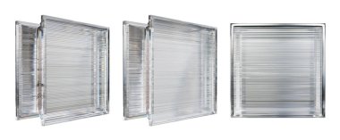  İç tasarım için şeffaf cam blok. Estetik ve modern şekilli. Ev, banyo ve ofis için çeşitli binalar. 3 Boyutlu Hazırlama