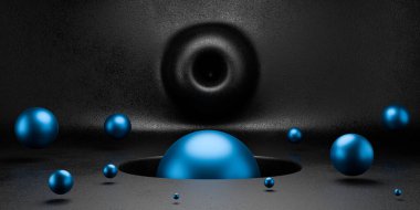  Mavi parlak top, siyah bir iç kısma karşı yerdeki bir deliğe düşüyor. Soyut 3D canlandırma. Geometrik şekilli koyu karamsar kompozisyon, modern arkaplan tasarımı veya duvar kağıdı