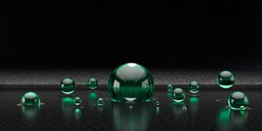  Siyah bir iç kısma karşı yeşil parlak cam top. Soyut 3D canlandırma. Geometrik şekilli koyu karamsar kompozisyon, modern arkaplan tasarımı veya duvar kağıdı