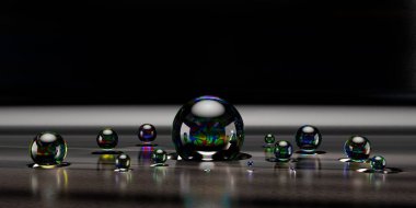 Siyah bir iç mekâna karşı Dichoric tütsülenmiş parlak cam top. Soyut 3D canlandırma. Geometrik şekilli koyu karamsar kompozisyon, modern arkaplan tasarımı veya duvar kağıdı