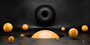  Siyah bir iç kısma karşı sarı parlak bir top yerdeki bir deliğe düşüyor. Soyut 3D canlandırma. Geometrik şekilli koyu karamsar kompozisyon, modern arkaplan tasarımı veya duvar kağıdı