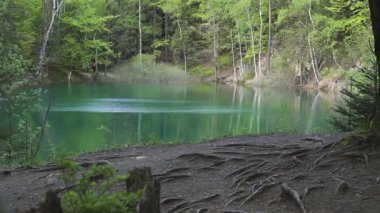  Kaba Janowickie, Polonya. Mavi göl. Rudawy Janowickie, Aşağı Silezya 'daki renkli göller bölgesinde bulunan madendeki su rezervlerinden biri. Ormanla çevrili.