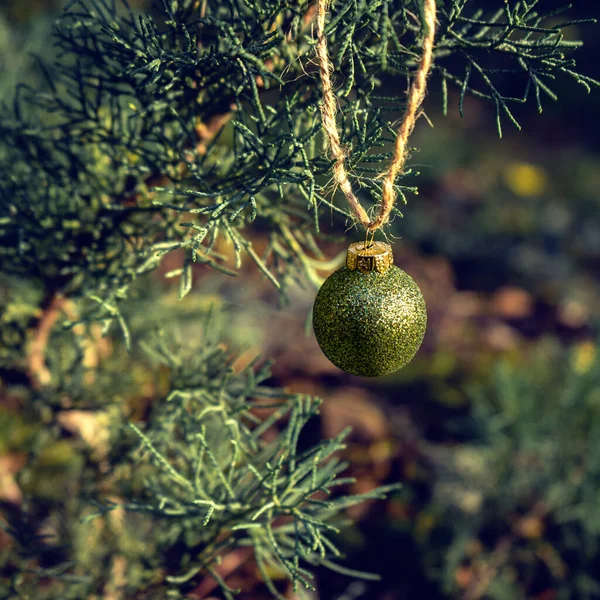 光沢のあるカラフルなボールとクリスマスツリーの緑の小枝の背景 — ストック写真
