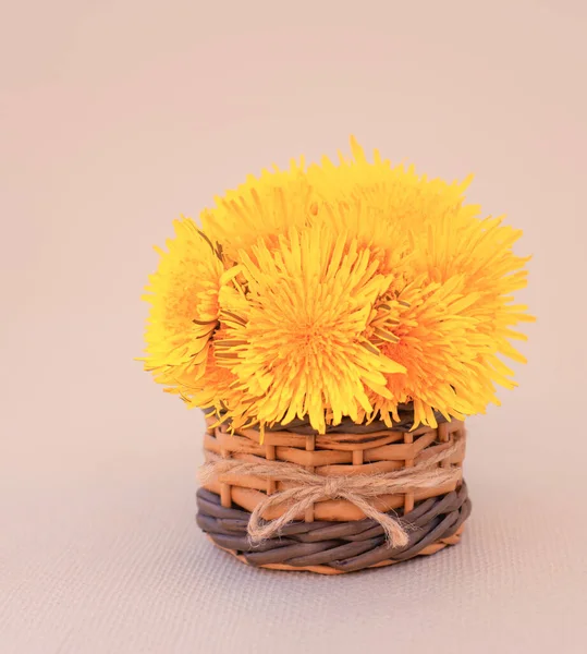 Romantic Card Bouquet Tender Spring Fluffy Yellow Dandelions Close — Stock Photo, Image