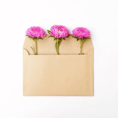 Beyaz bir arka planda izole edilmiş bir zarfın içinde parlak, şirin bir buket aster.