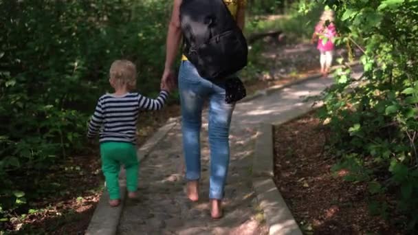 Mother Son Walking Stone Paved Healthy Path Forest Exploring Feelings — Stockvideo