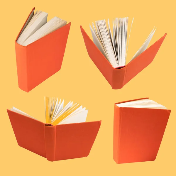 Συλλογή Διαφόρων Πορτοκαλί Βιβλίων Που Απομονώνονται Κίτρινο Φόντο Κάθε Ένας — Φωτογραφία Αρχείου