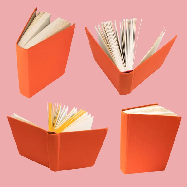 收集各种橙色书籍 从粉色背景中分离出来 每个人都是被单独枪毙的 — 图库照片