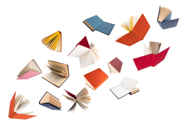 Colorful Hardcover Books Flying White Background — 스톡 사진