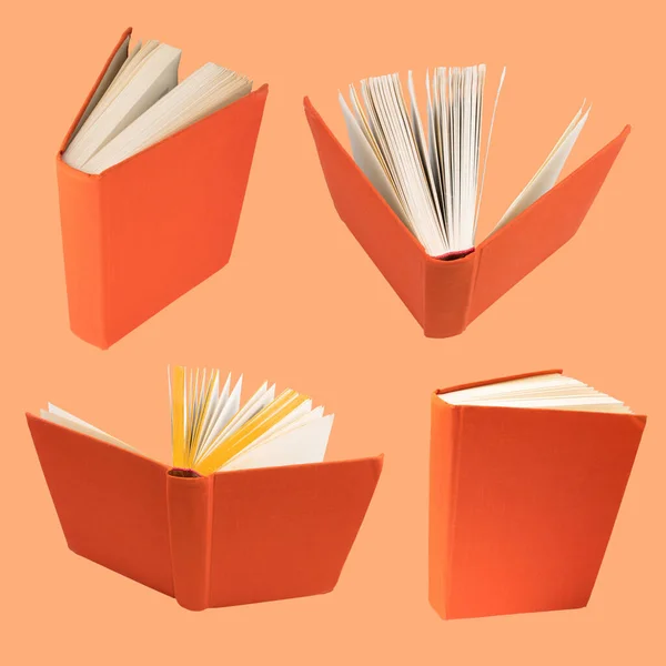 Συλλογή Διαφόρων Πορτοκαλί Βιβλίων Που Απομονώνονται Πορτοκαλί Φόντο Κάθε Ένας — Φωτογραφία Αρχείου