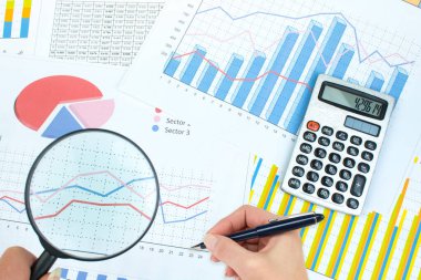 Finansal tablolar, grafikler, madeni paralar, izole edilmiş beyaz arka planda hesap makinesi. Kopyalama alanı olan üst görünüm.